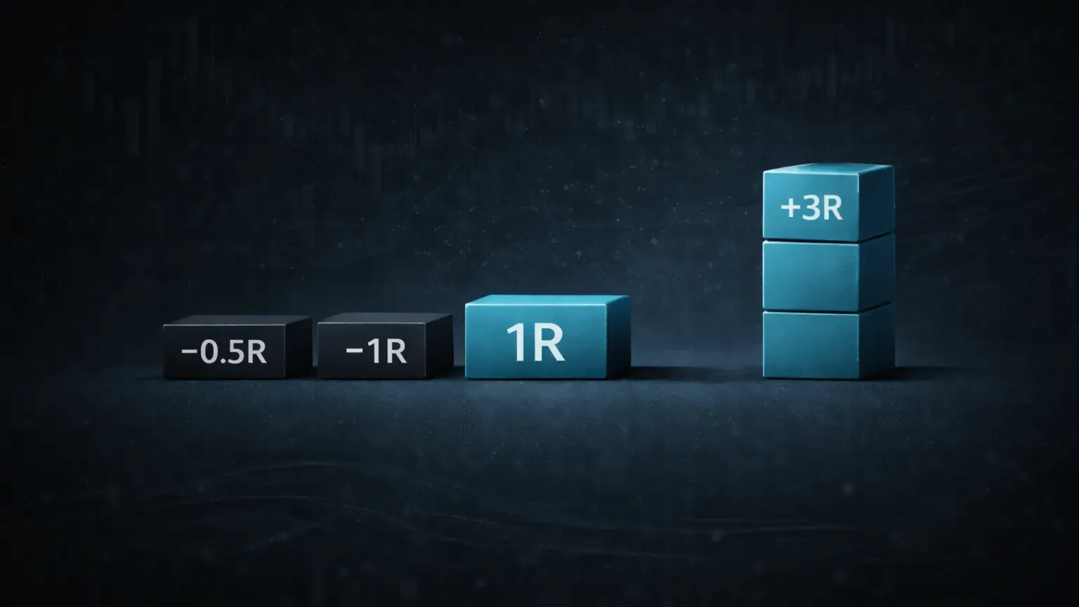 Diagram explaining R-multiple as a standardized risk unit across different crypto trades