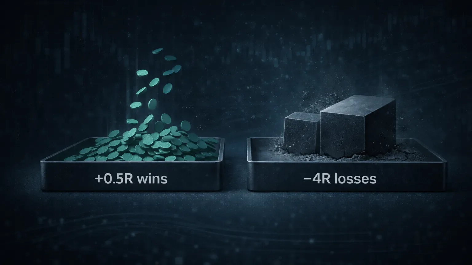 Visual illustration of the high win rate trap where small gains are erased by occasional big losses