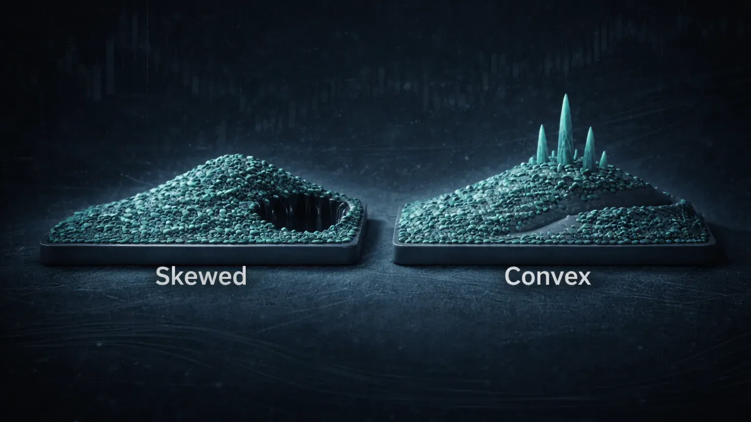 R-distribution comparison showing negative skew versus positive convexity in crypto trading results