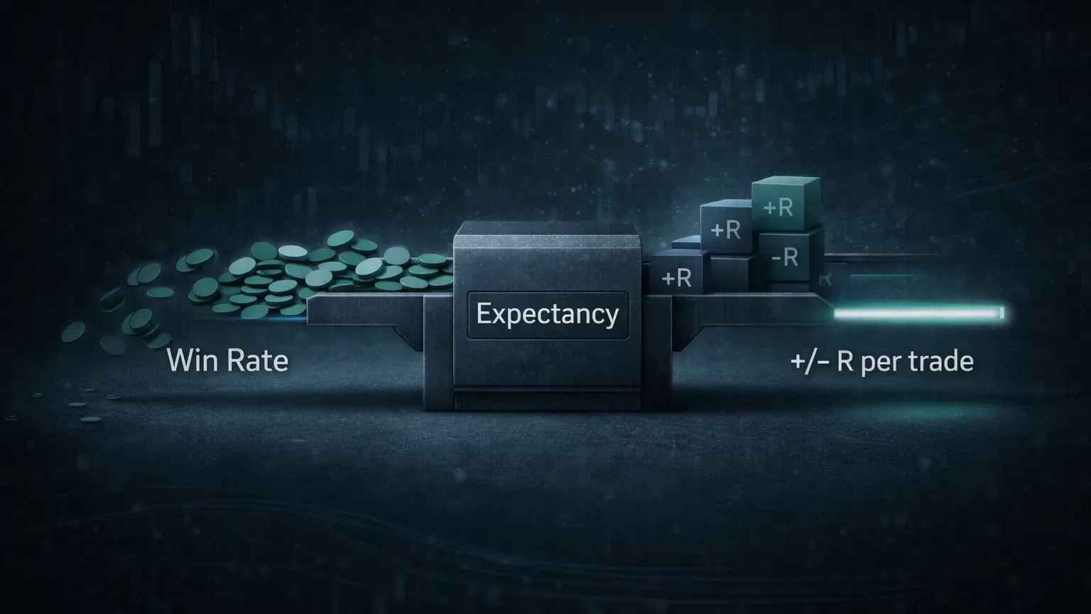 Expectancy formula visual showing win rate and average R combining into a single outcome