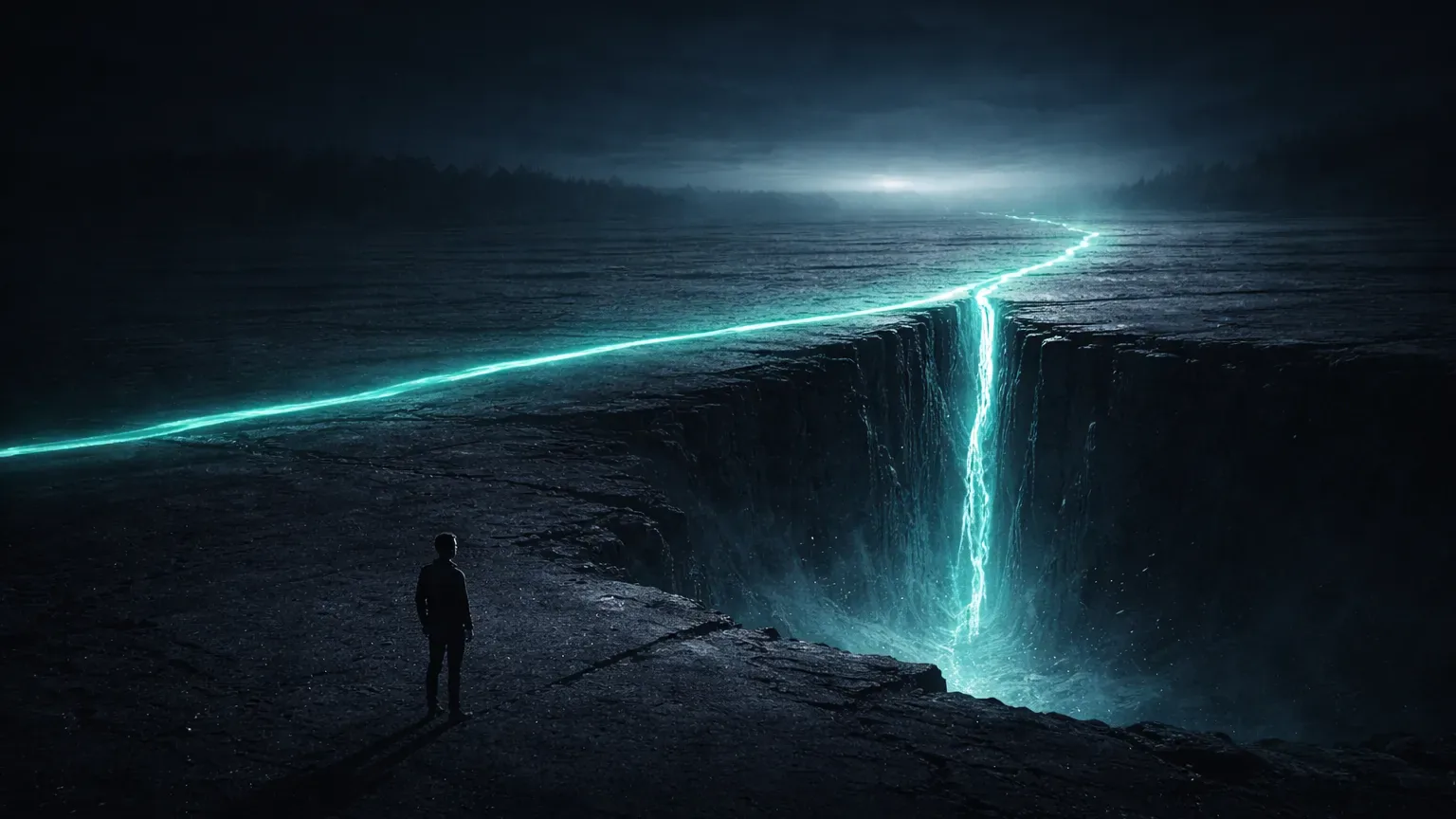 Lone crypto trader standing before a shattered glowing equity line in a vast dark environment at dawn